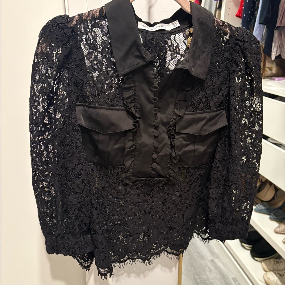 Self-Portrait Black Lace Blouse with Button Detail